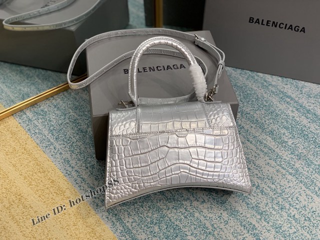 Balenciaga專櫃爆款Hourglass沙漏包 巴黎世家銀色鱷魚紋中號手提包 fyj1724